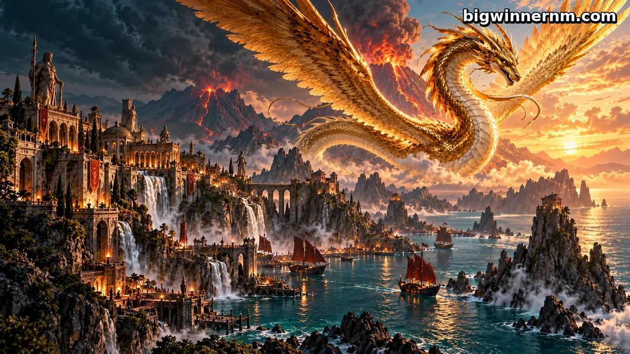 bigwinner — Naga emas terbang di atas pelabuhan fantasi